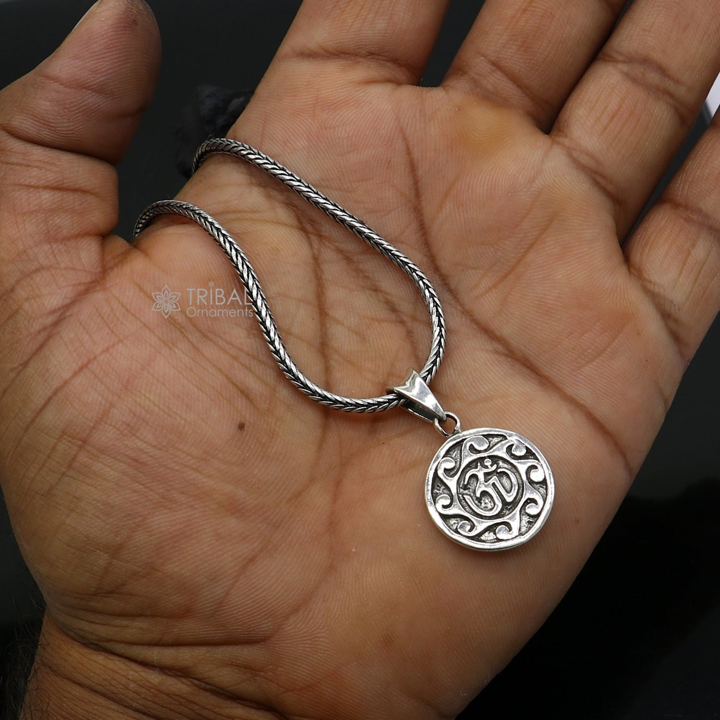 925 sterling silver Divine OM pendant, tribal jewelry with intricate design, representing good luck and spiritual symbolism.