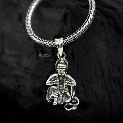 Sterling silver Lord Hanuman pendant by TRIBAL ORNAMENTS, handmade unisex Hindu idol jewelry, divine deity gift accessory.
