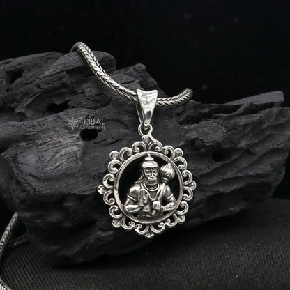 Sterling silver Lord Hanuman pendant jewelry, handmade unisex Hindu idol, divine Bajarangbali design from Tribal Ornaments.