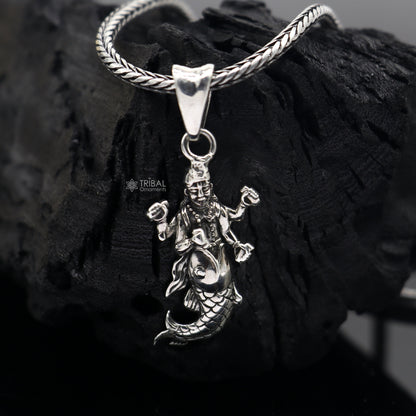 Sterling silver Vishnu pendant featuring Hindu god Narayanan, handmade unisex jewelry by Tribal Ornaments, divine divine pendant for gifting.