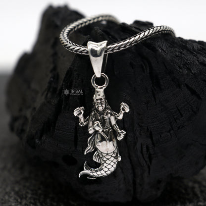 Sterling silver God Vishnu pendant featuring Hindu deity Narayanan, handmade unisex jewelry by Tribal Ornaments.