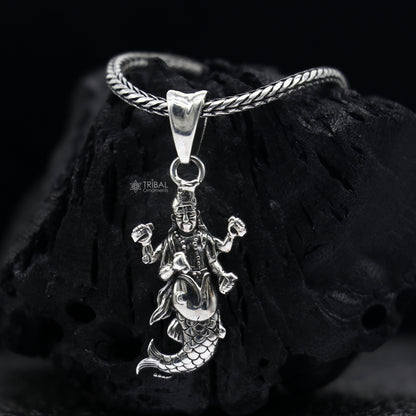 Sterling silver God Vishnu pendant featuring handcrafted Hindu idol, unisex divine jewelry by TRIBAL ORNAMENTS NSP684