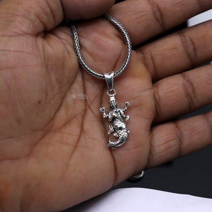 Sterling silver God Vishnu pendant by TRIBAL ORNAMENTS featuring a handmade Hindu idol, unisex divine Narayanan jewelry.