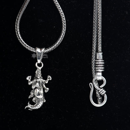 Sterling silver God Vishnu pendant featuring detailed Hindu idol design, unisex divine jewelry by TRIBAL ORNAMENTS.