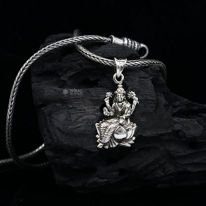 Sterling silver Saraswati or Sharda goddess pendant, handmade tribal jewelry, detailed design, perfect for students.