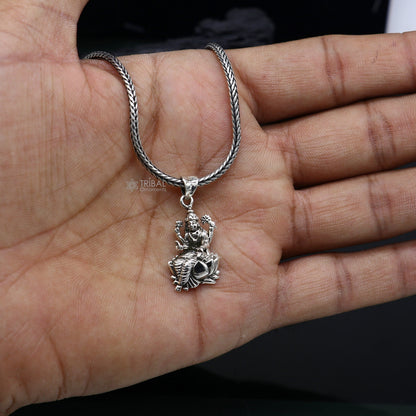 Sterling silver Goddess Saraswati pendant, handmade tribal jewelry featuring intricate goddess design, ideal for students.