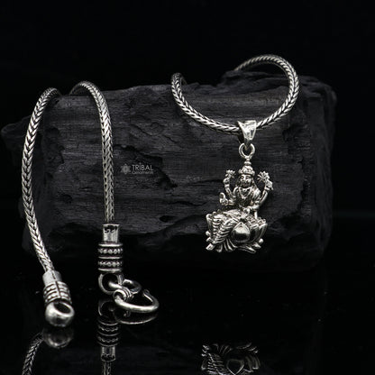 925 Sterling silver Goddess Saraswati pendant, handmade tribal jewelry featuring intricate design for students.
