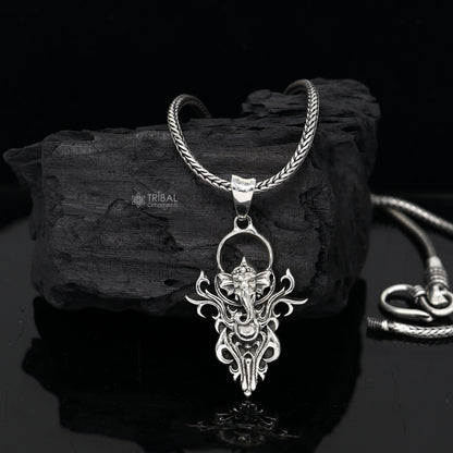925 sterling silver Lord Ganesha pendant, unisex handmade jewelry by Tribal Ornaments featuring a unique Ganesha design.
