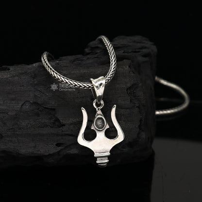 925 sterling silver Lord Shiva Trishool pendant, delicate necklace charm with intricate design, ideal for gifting or personal wear.