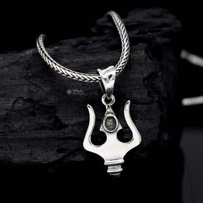 Sterling silver Lord Shiva Trishool pendant, intricate tribal necklace jewelry, delicate design for spiritual or gift purposes.