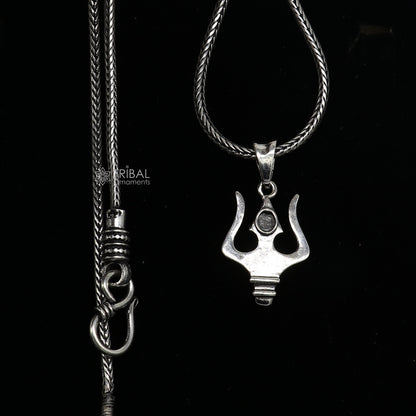 Sterling silver Lord Shiva Trident pendant, delicate tribal necklace jewelry, featuring Trishool design for spiritual gifting.