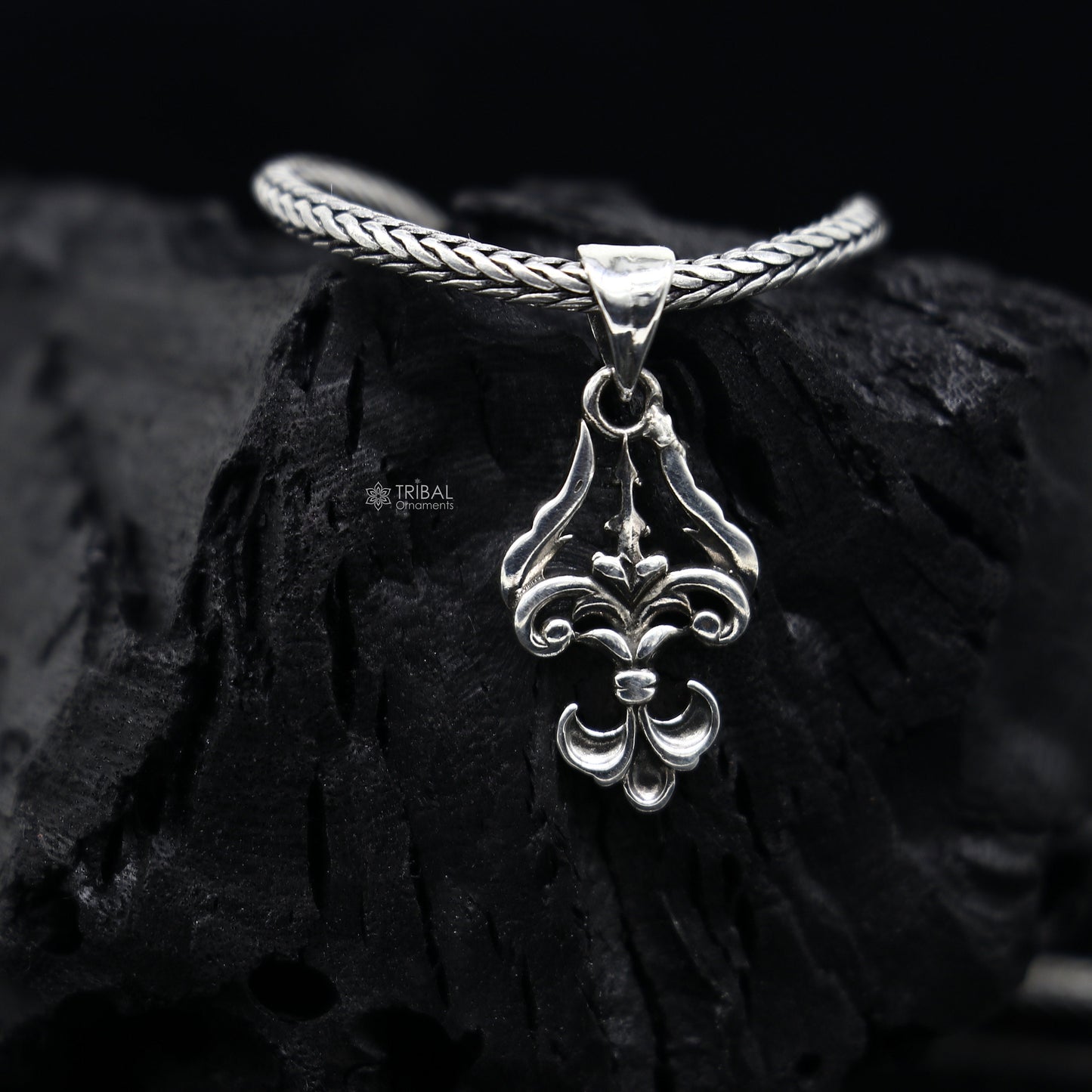 Sterling silver Lord Shiva Trident Trishul pendant, unisex jewelry by Tribal Ornaments, featuring high-quality intricate design.