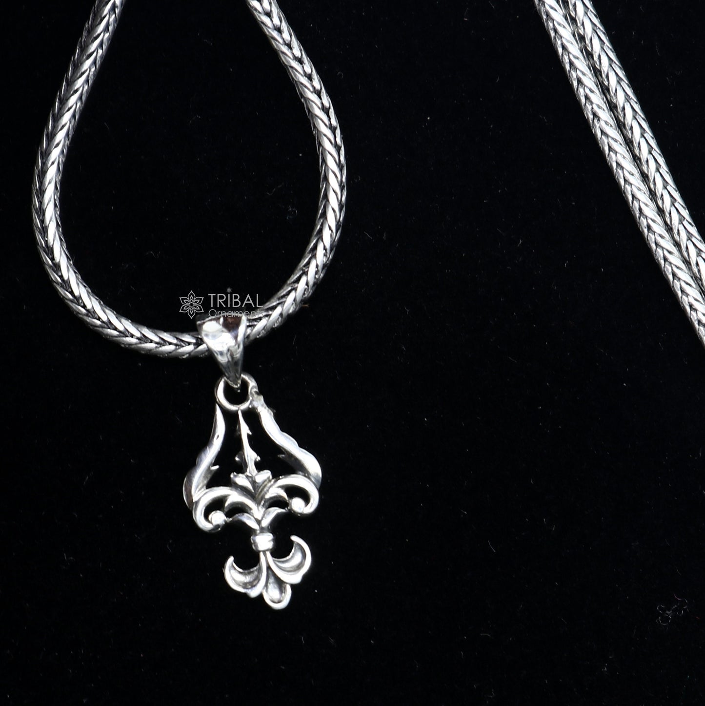 Sterling silver Lord Shiva Trident Trishul pendant, unisex jewelry featuring intricate tribal design on a silver necklace.