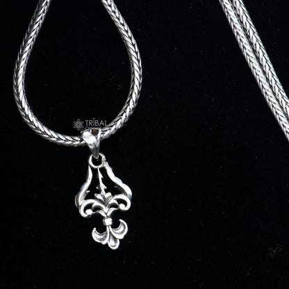 Sterling silver Lord Shiva Trident Trishul pendant, unisex jewelry featuring intricate tribal design on a silver necklace.