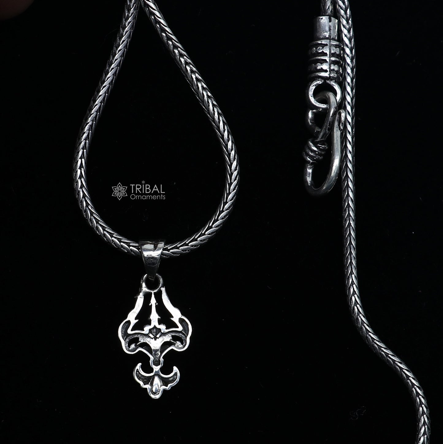 Sterling silver Lord Shiva Trident Trishul pendant, unisex jewelry by Tribal Ornaments, featuring intricate design and high-quality craftsmanship.