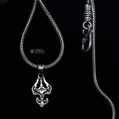 Sterling silver Lord Shiva Trident Trishul pendant, unisex jewelry by Tribal Ornaments, featuring intricate design and high-quality craftsmanship.