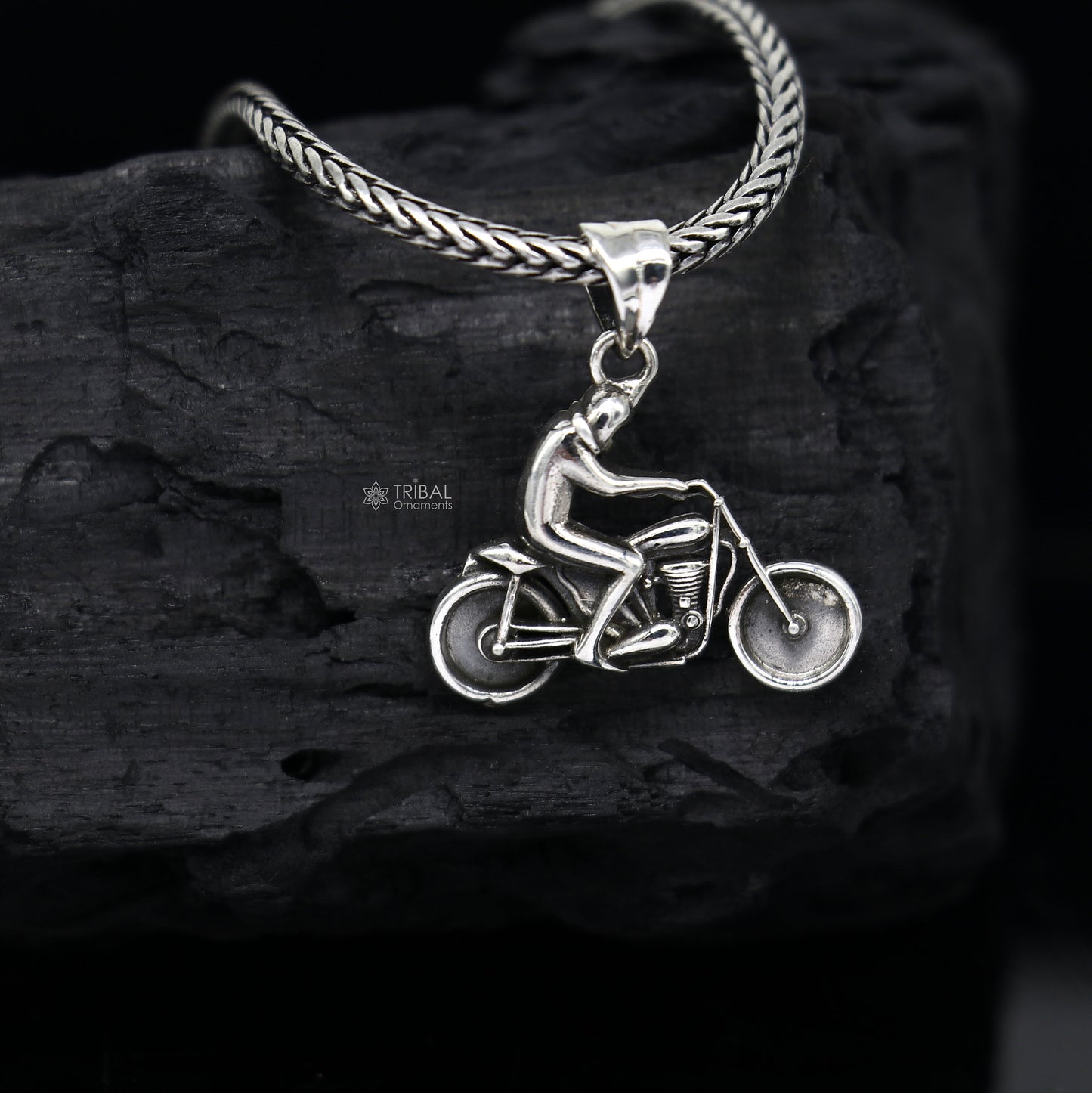 Sterling silver Royal Enfield bike pendant for bike lovers, crafted by Tribal Ornaments, featuring detailed motorcycle design.