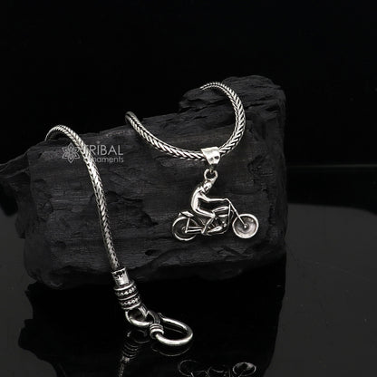Sterling silver Royal Enfield bike pendant by Tribal Ornaments, detailed motorcycle charm for bike lovers, high-quality silver necklace.