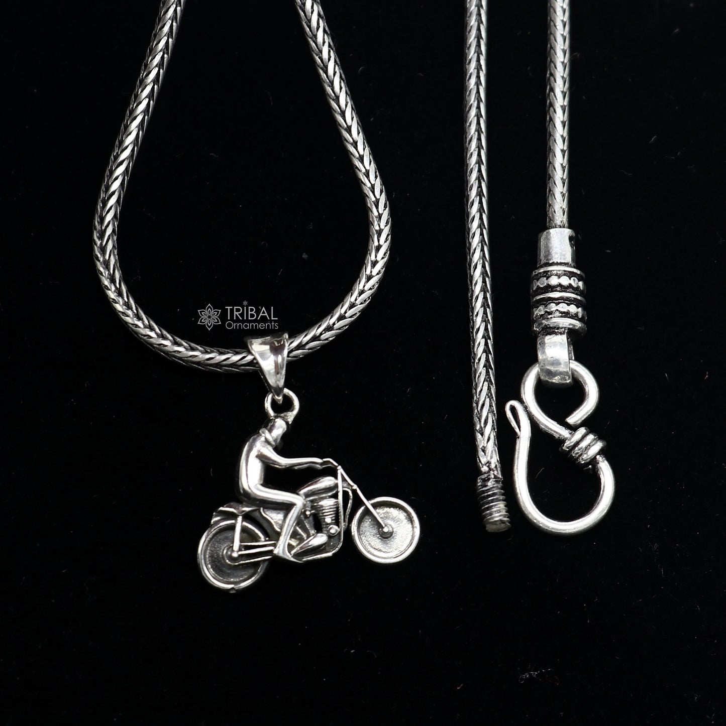 Sterling silver Royal Enfield bike pendant by Tribal Ornaments, detailed motorcycle design for bike enthusiasts.