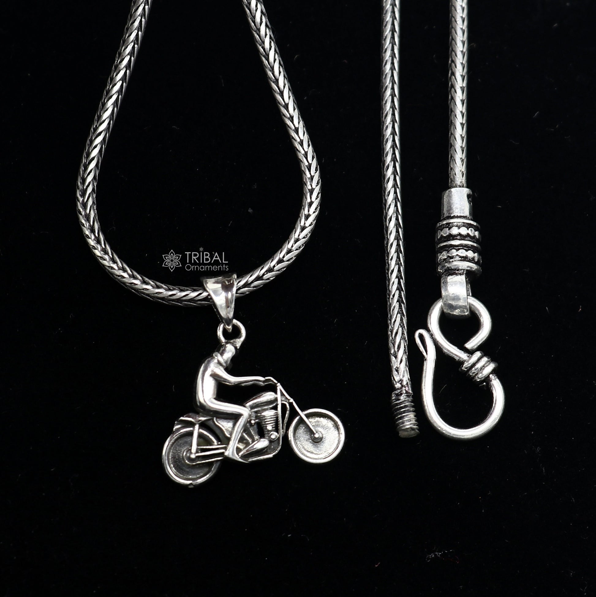Sterling silver Royal Enfield bike pendant by Tribal Ornaments, detailed motorcycle design for bike enthusiasts.