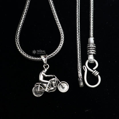 Sterling silver Royal Enfield bike pendant by Tribal Ornaments, detailed motorcycle design for bike enthusiasts.