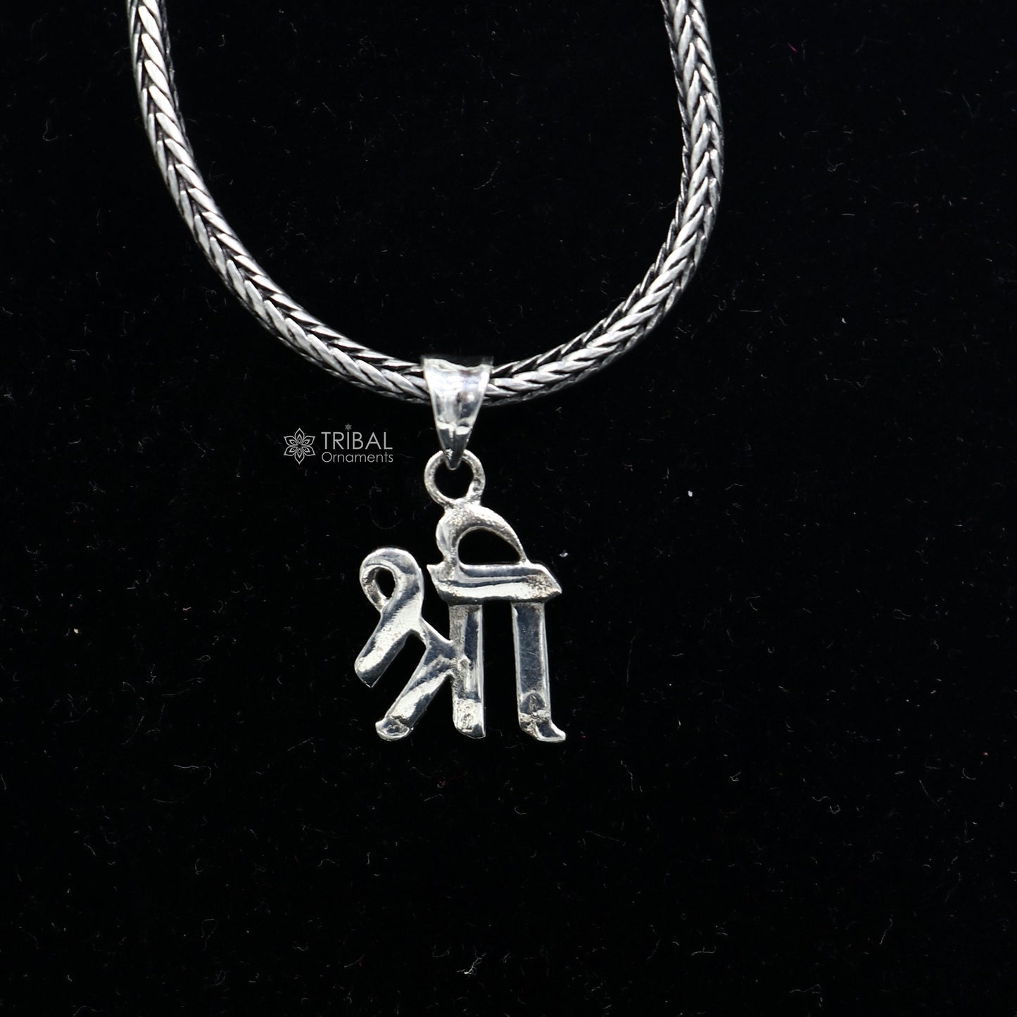 Sterling silver Hindu "Shree" pendant featuring the powerful "Shri" symbol, unisex divine jewelry necklace, tribal ornaments design.