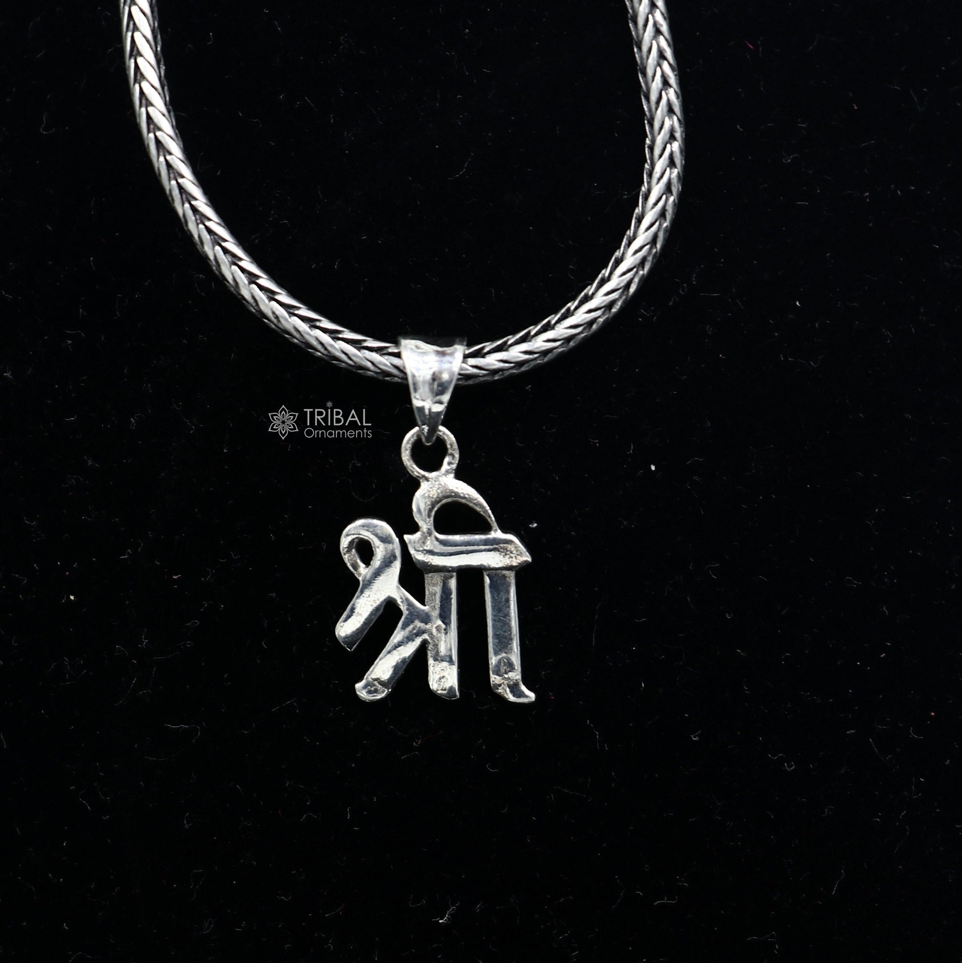 Sterling silver Hindu "Shree" pendant featuring the powerful "Shri" symbol, unisex divine jewelry necklace, tribal ornaments design.