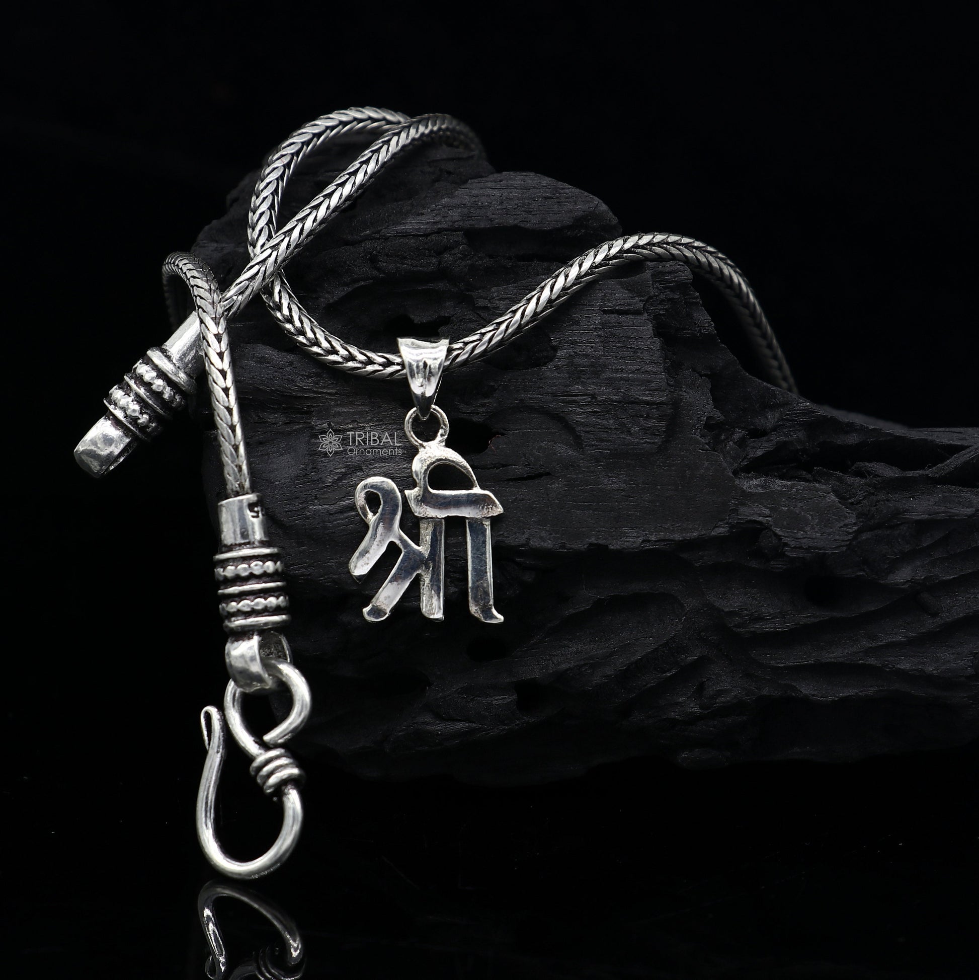 Sterling silver Hindu "Shree" pendant featuring the powerful Shree symbol, unisex divine jewelry necklace by TRIBAL ORNAMENTS.
