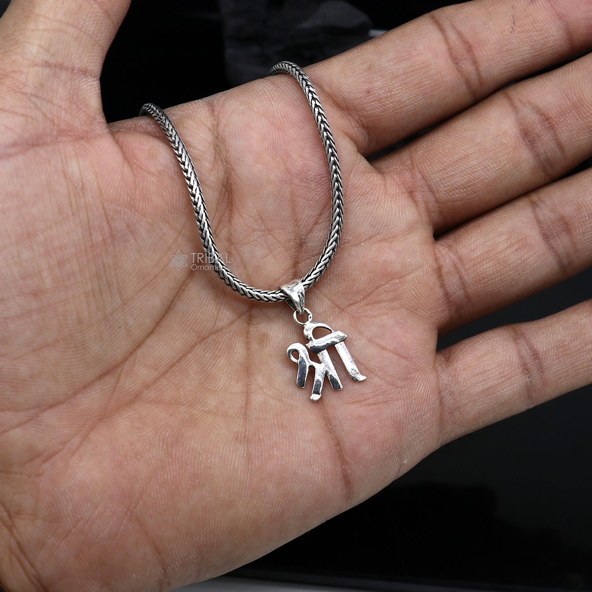 925 sterling silver Hindu "Shree" pendant, unisex divine jewelry featuring powerful Shree symbol in intricate design.
