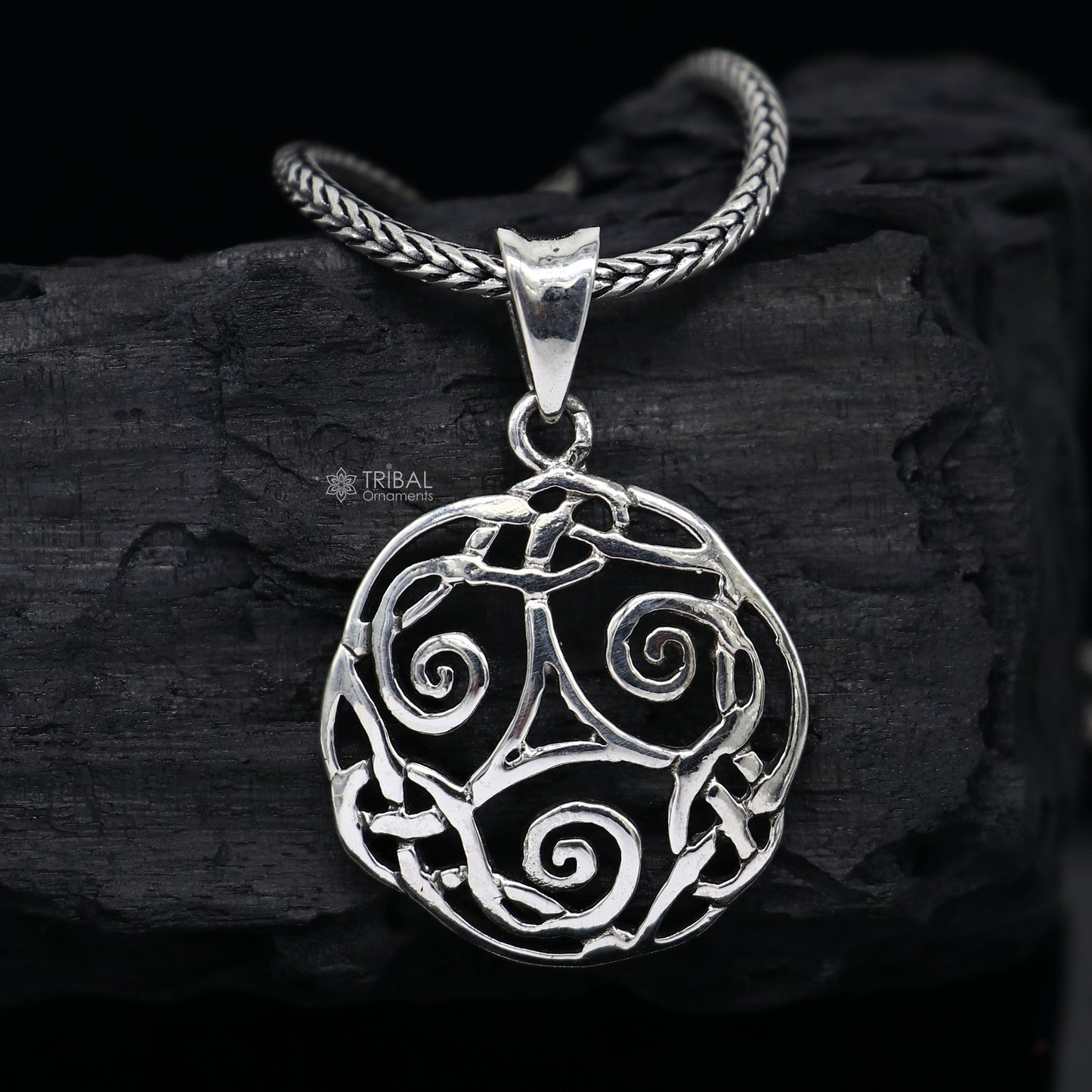 Sterling silver Triskelion Celtic pendant by Tribal Ornaments, featuring intricate tribal design on a high-quality silver necklace.