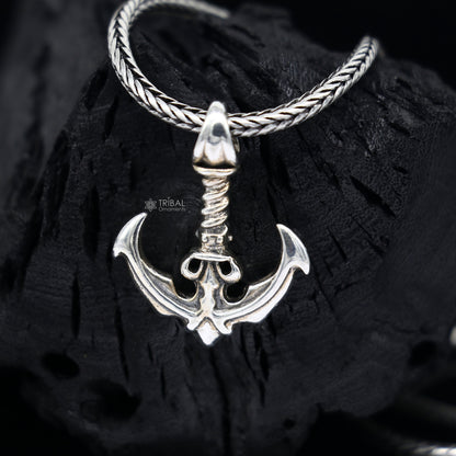 925 sterling silver anchor sailor pendant with wheat chain, unique design, ideal for gifting jewelry by TRIBAL ORNAMENTS.