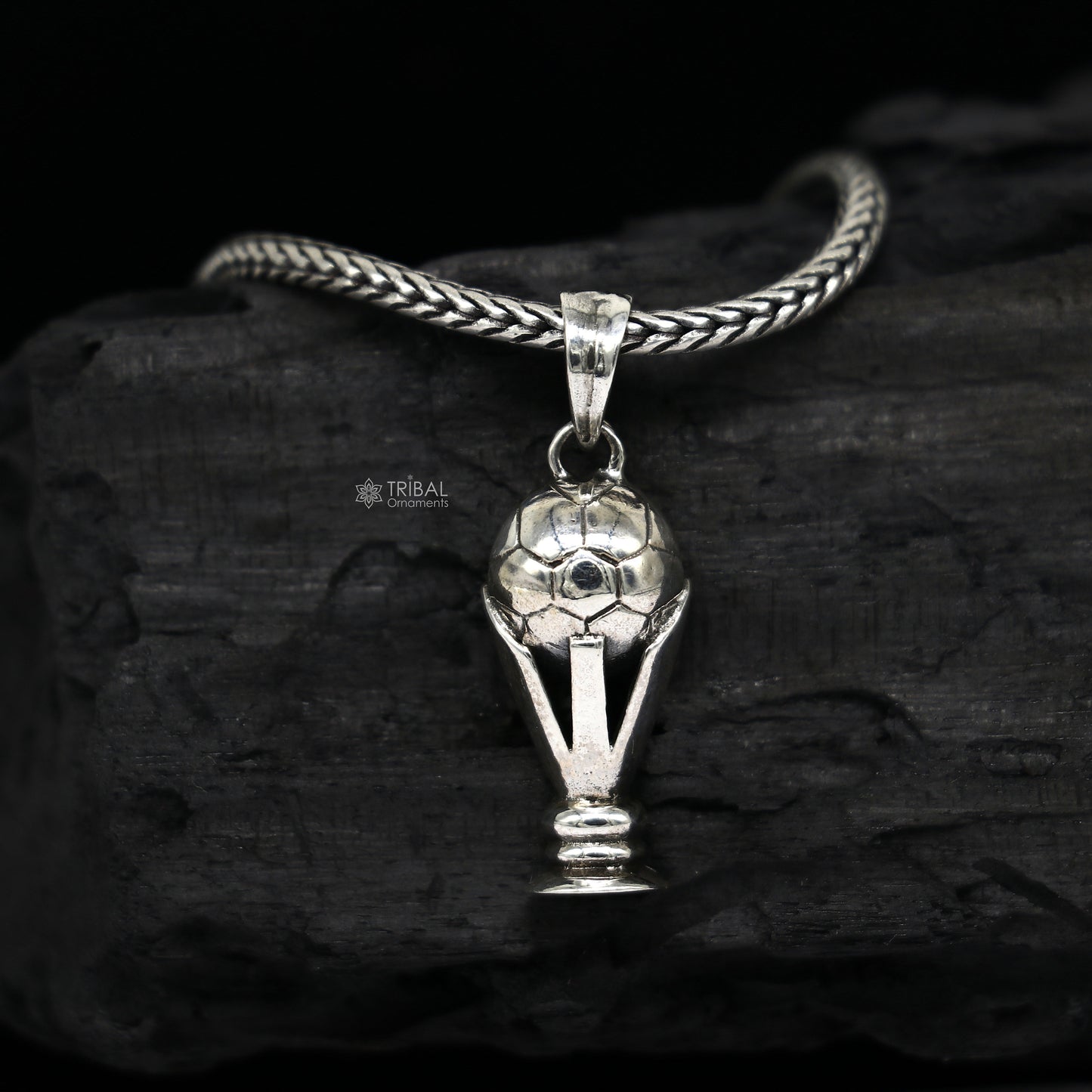 925 sterling silver FIFA Trophy pendant on wheat chain necklace, tribal-style jewelry, unique design, ideal for gifting.