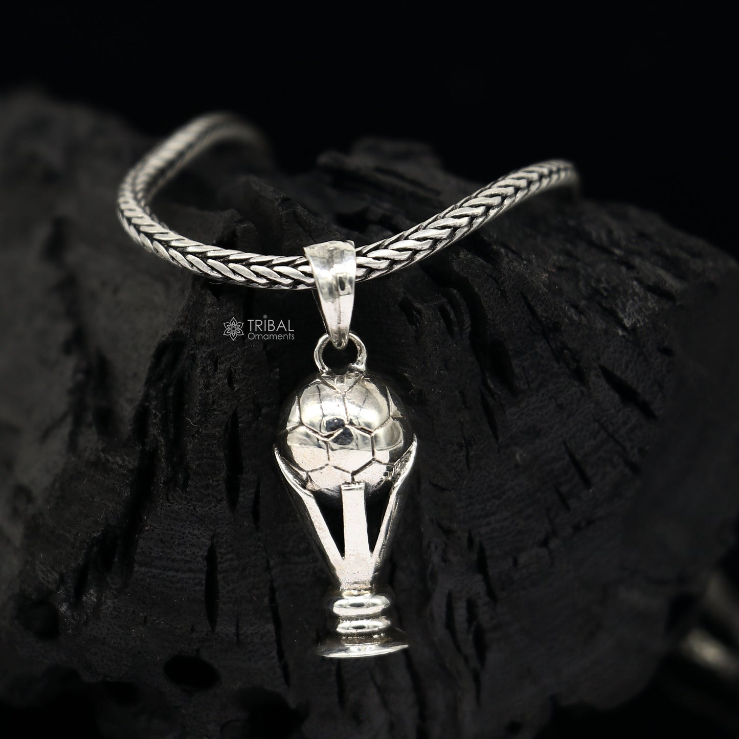 925 sterling silver FIFA Trophy pendant on wheat chain necklace, tribal ornament jewelry, unique design, perfect for gifting.