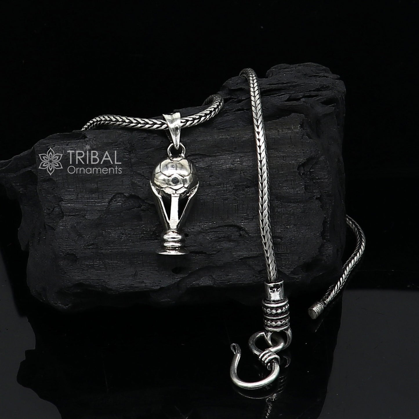 925 sterling silver FIFA Trophy pendant on a wheat chain necklace, tribal ornaments design, ideal for gifting jewelry.