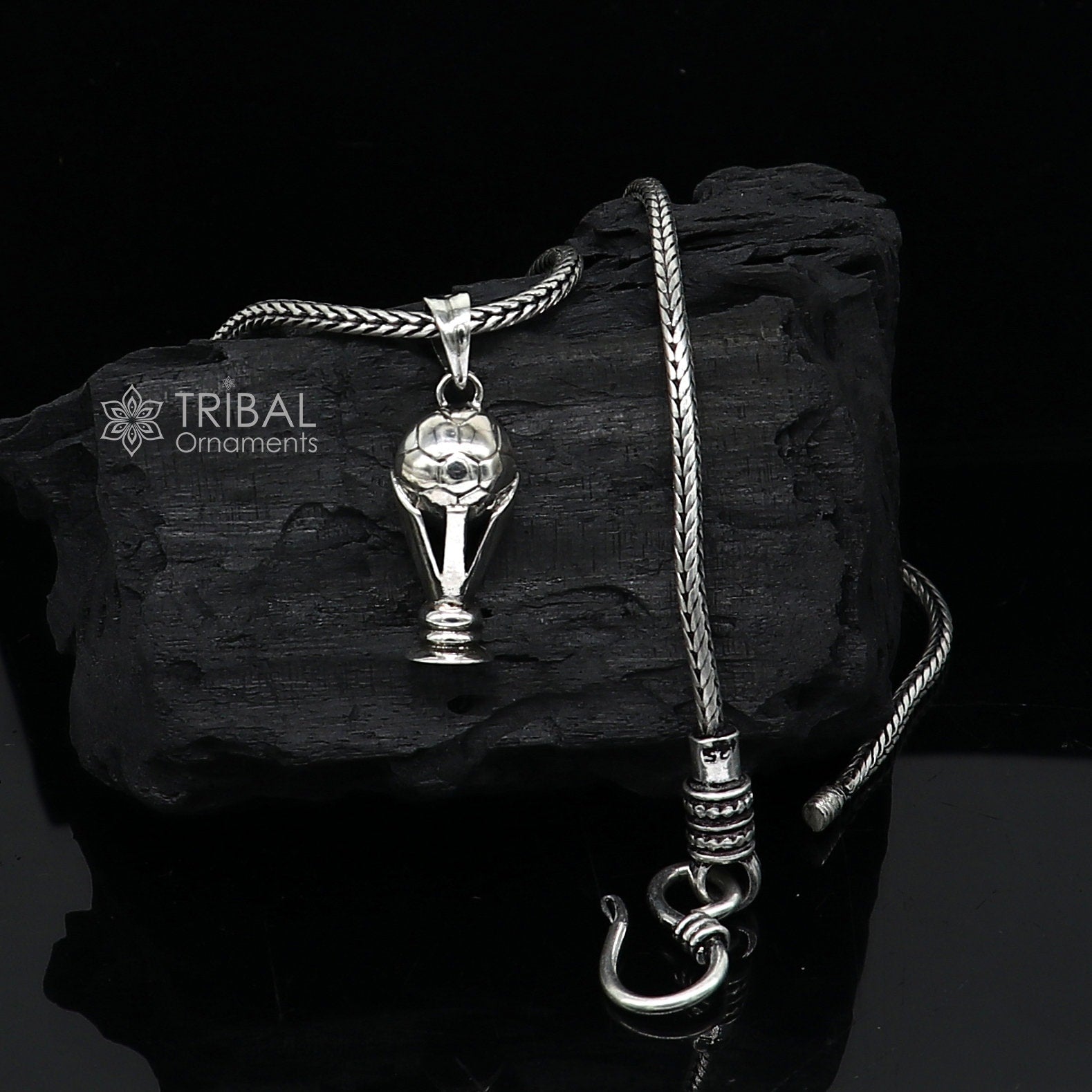 925 sterling silver FIFA Trophy pendant on a wheat chain necklace, tribal ornaments design, ideal for gifting jewelry.