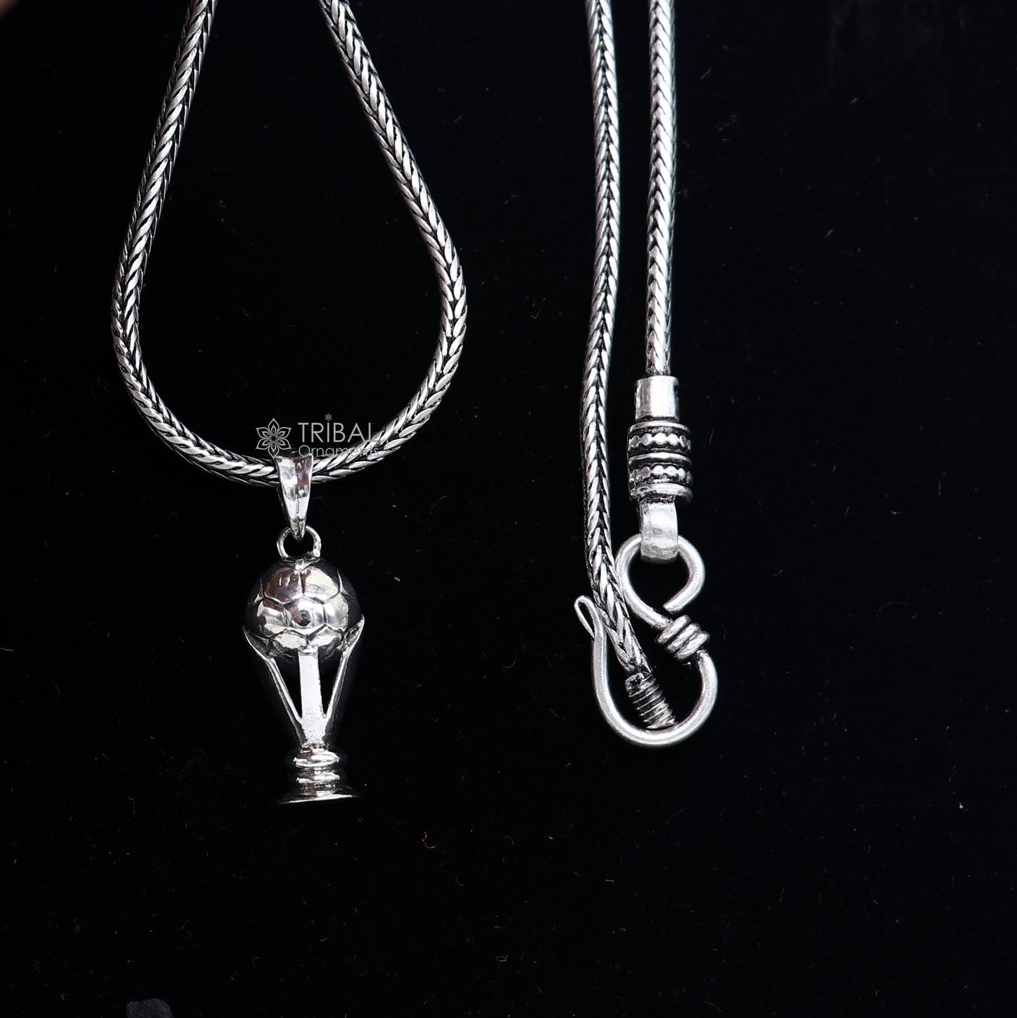 925 sterling silver FIFA Trophy pendant on wheat chain necklace, tribal ornament jewelry with a unique design, ideal gift accessory.