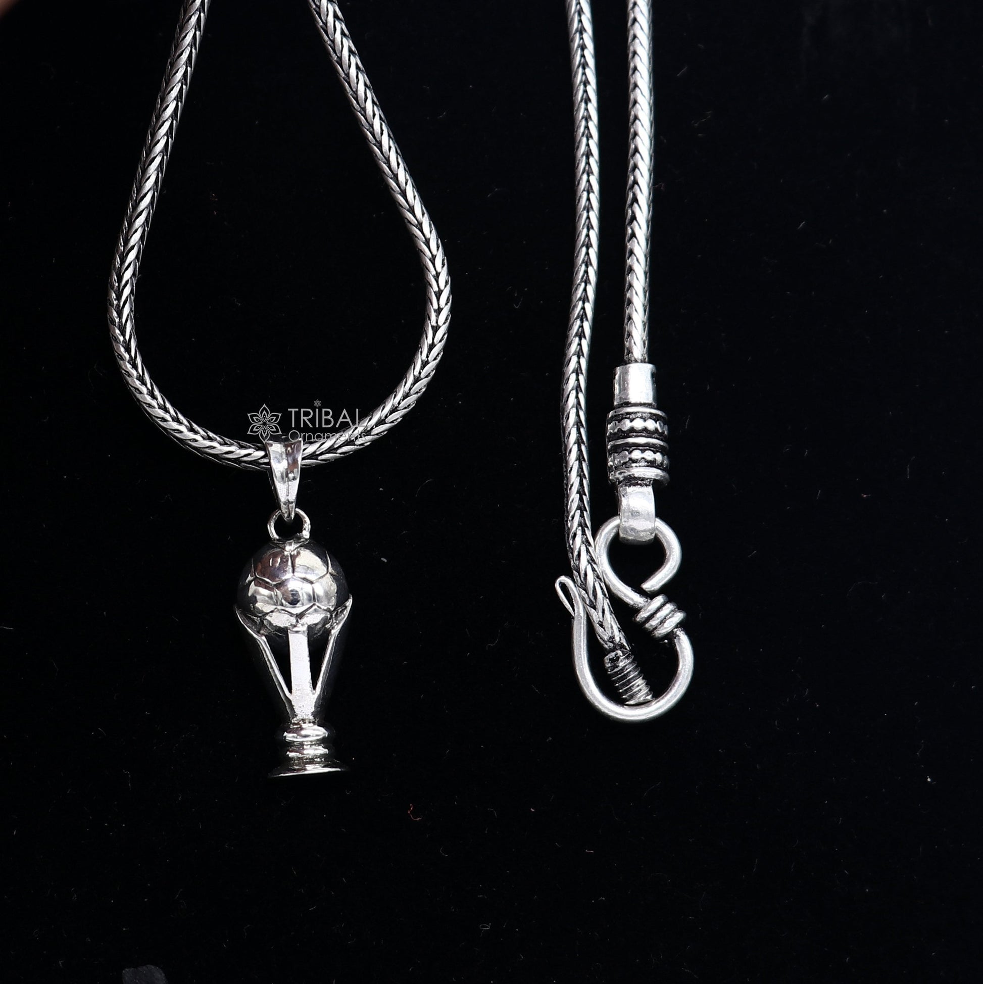 925 sterling silver FIFA Trophy pendant on wheat chain necklace, tribal ornament jewelry with a unique design, ideal gift accessory.