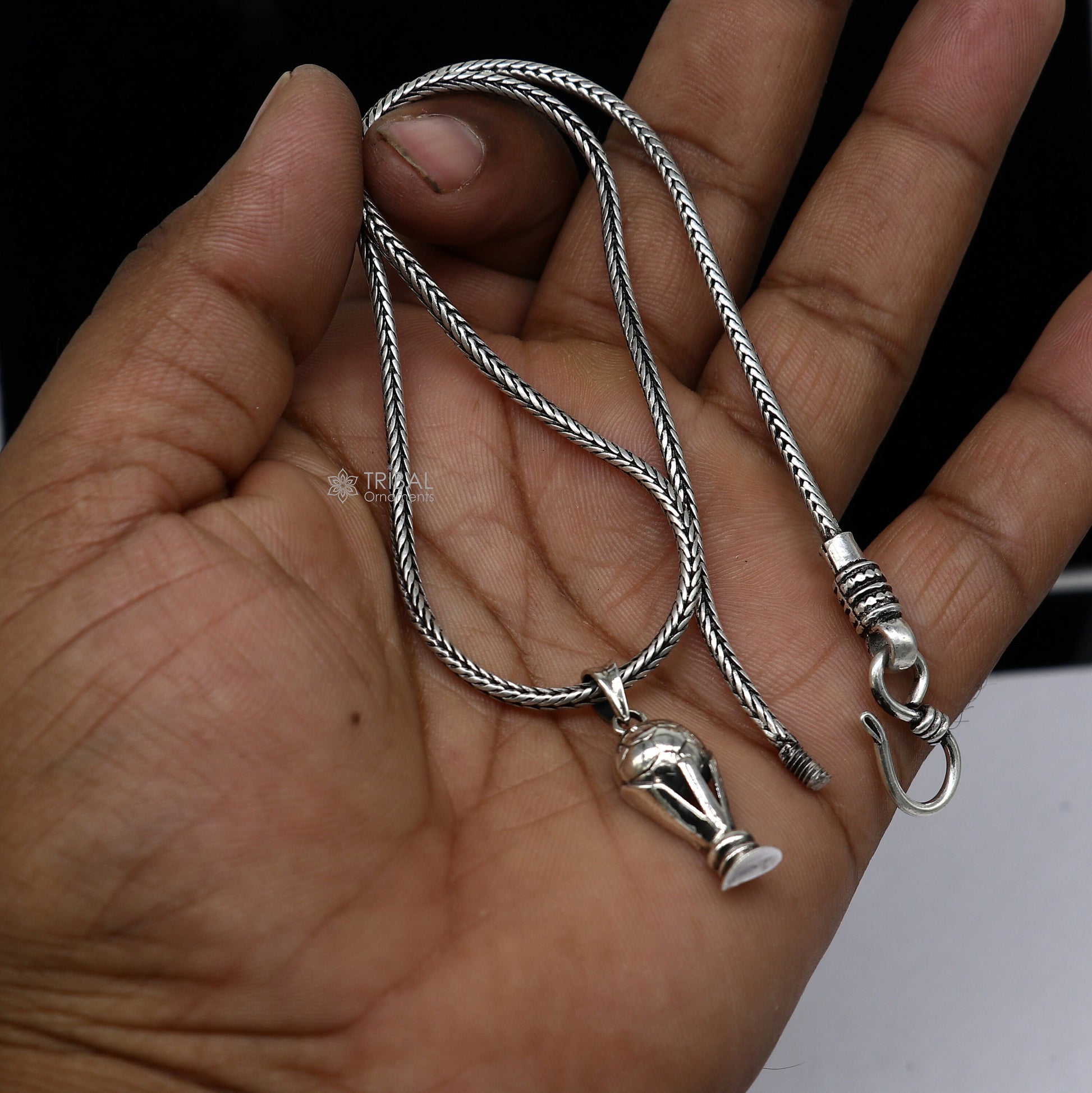 Sterling silver FIFA trophy pendant on wheat chain necklace, tribal ornaments design, ideal for gifting jewelry.