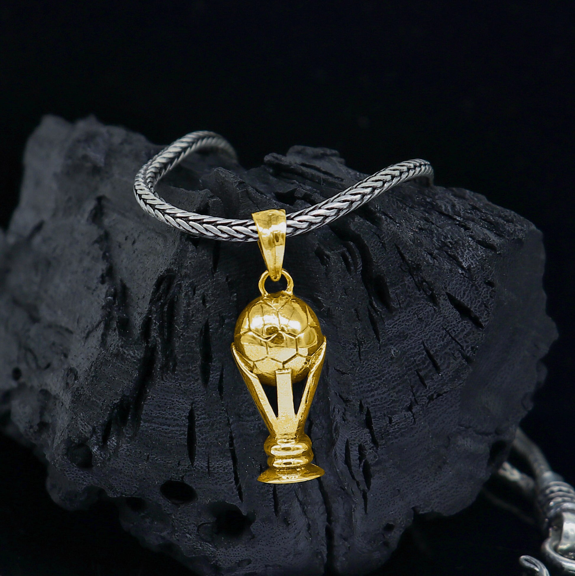 925 sterling silver FIFA trophy pendant on wheat chain necklace, tribal ornament jewelry, unique design, ideal for gifting.