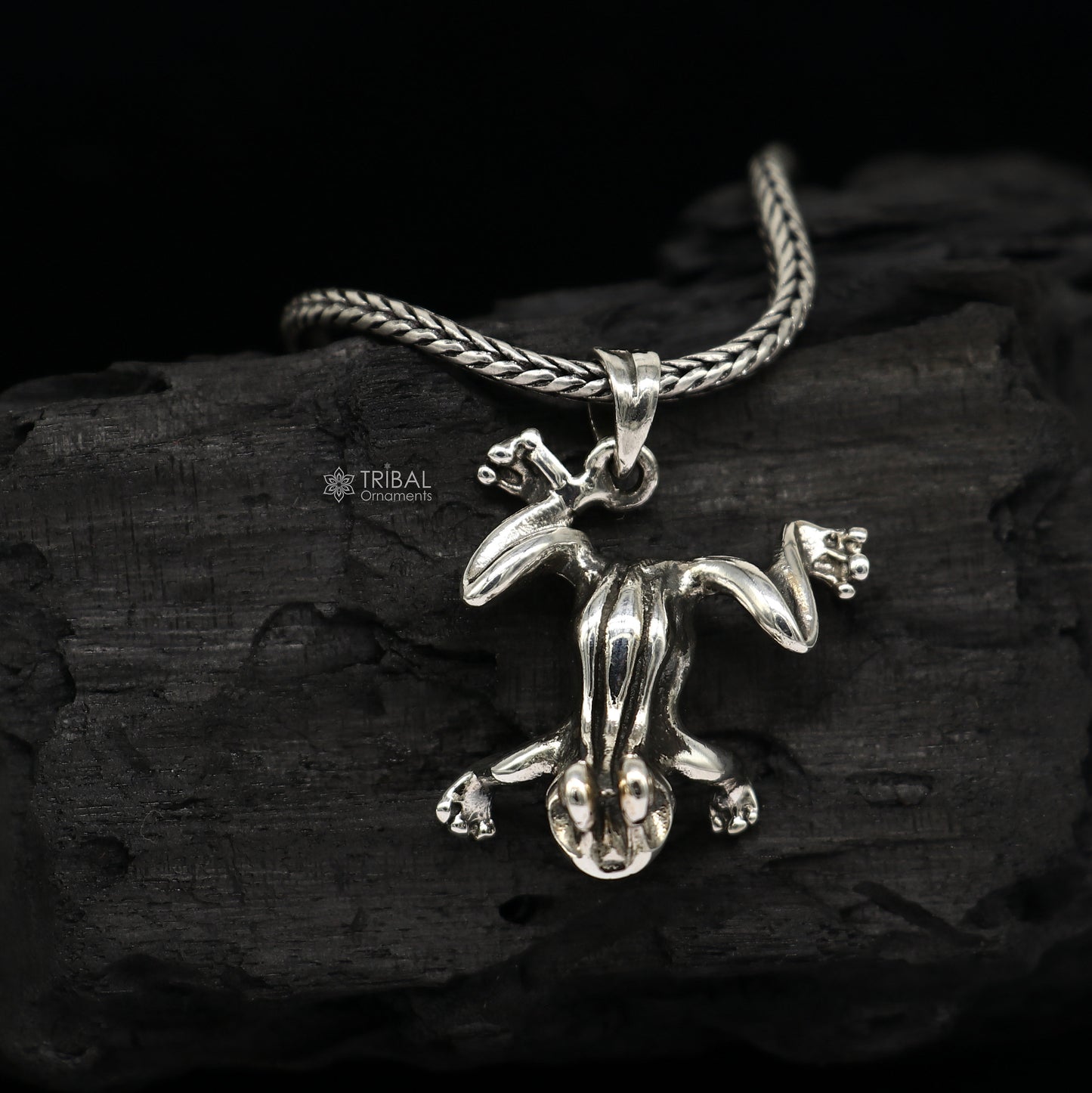 Sterling silver frog pendant on wheat chain necklace, unisex jewelry from Tribal Ornaments, unique design, perfect for gifting.