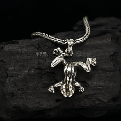 Sterling silver frog pendant on wheat chain necklace, unisex jewelry from Tribal Ornaments, unique design, perfect for gifting.