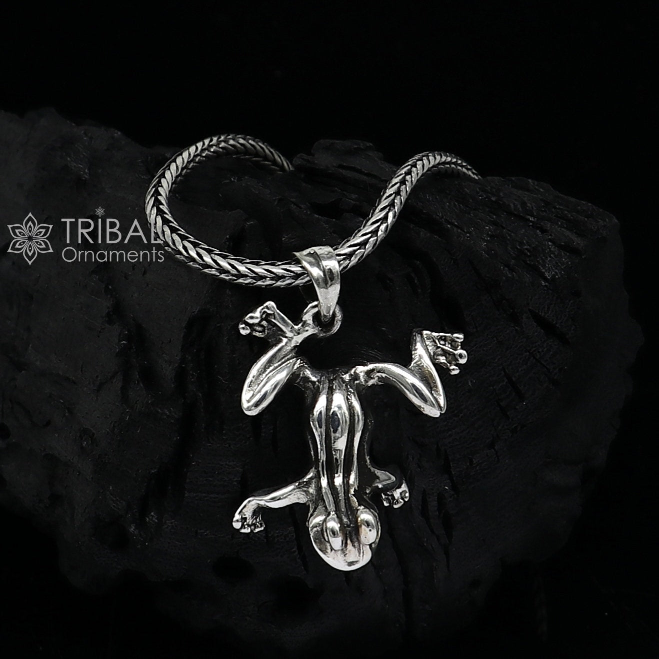 Sterling silver frog pendant on wheat chain necklace, unisex tribal ornament jewelry, unique design, perfect for gifting.