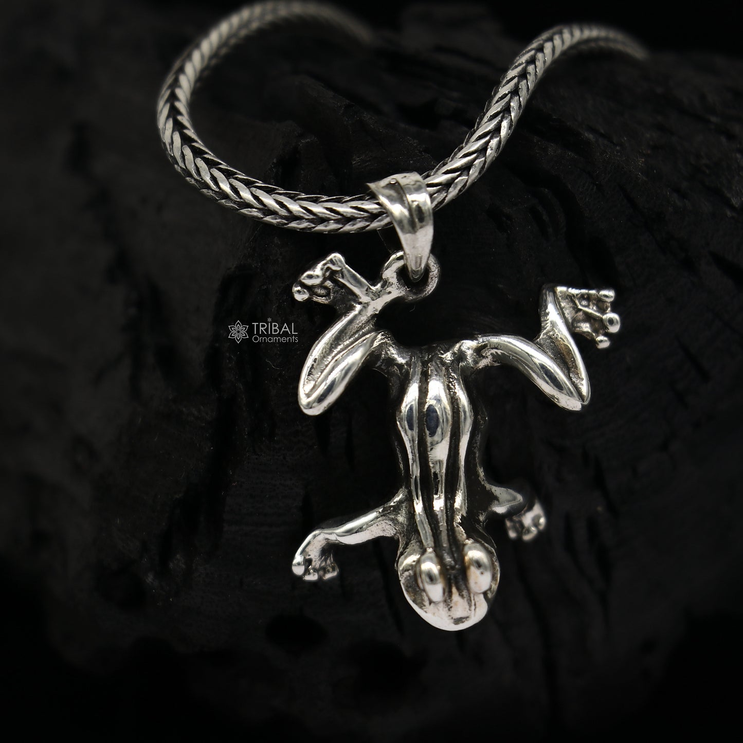 Sterling silver frog pendant on wheat chain necklace, unisex tribal jewelry, unique design, ideal for gifting.