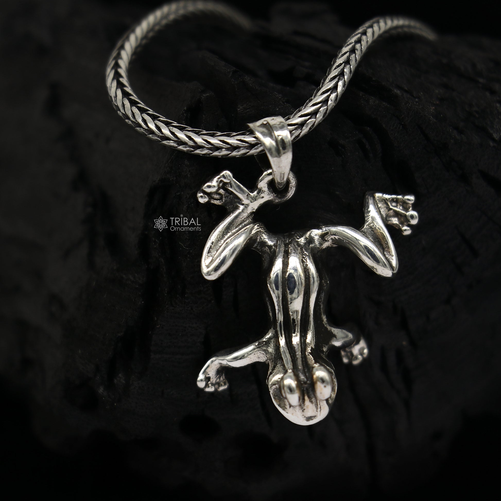 Sterling silver frog pendant on wheat chain necklace, unisex tribal jewelry, unique design, ideal for gifting.