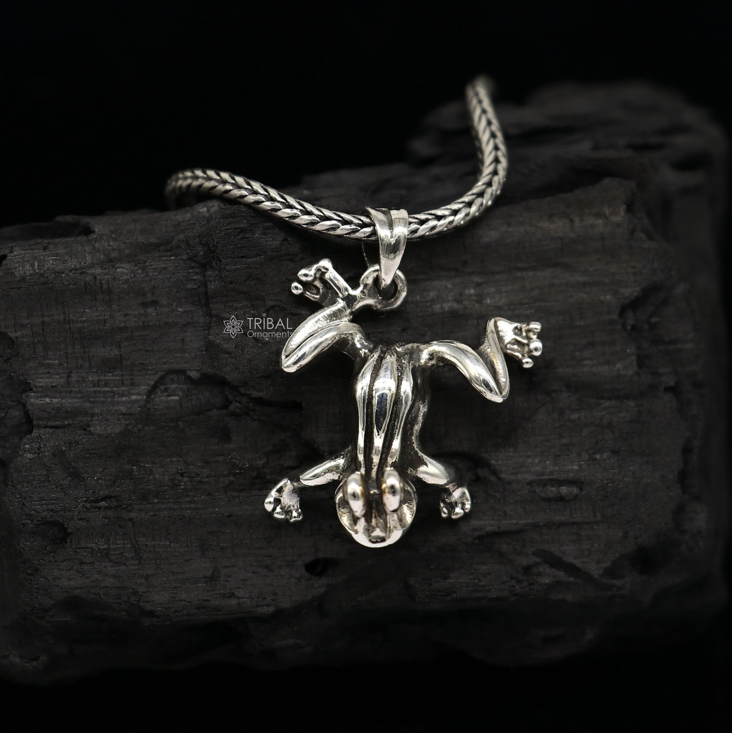 Sterling silver frog pendant on wheat chain necklace, unisex tribal jewelry, unique design, ideal for gifting by Tribal Ornaments.