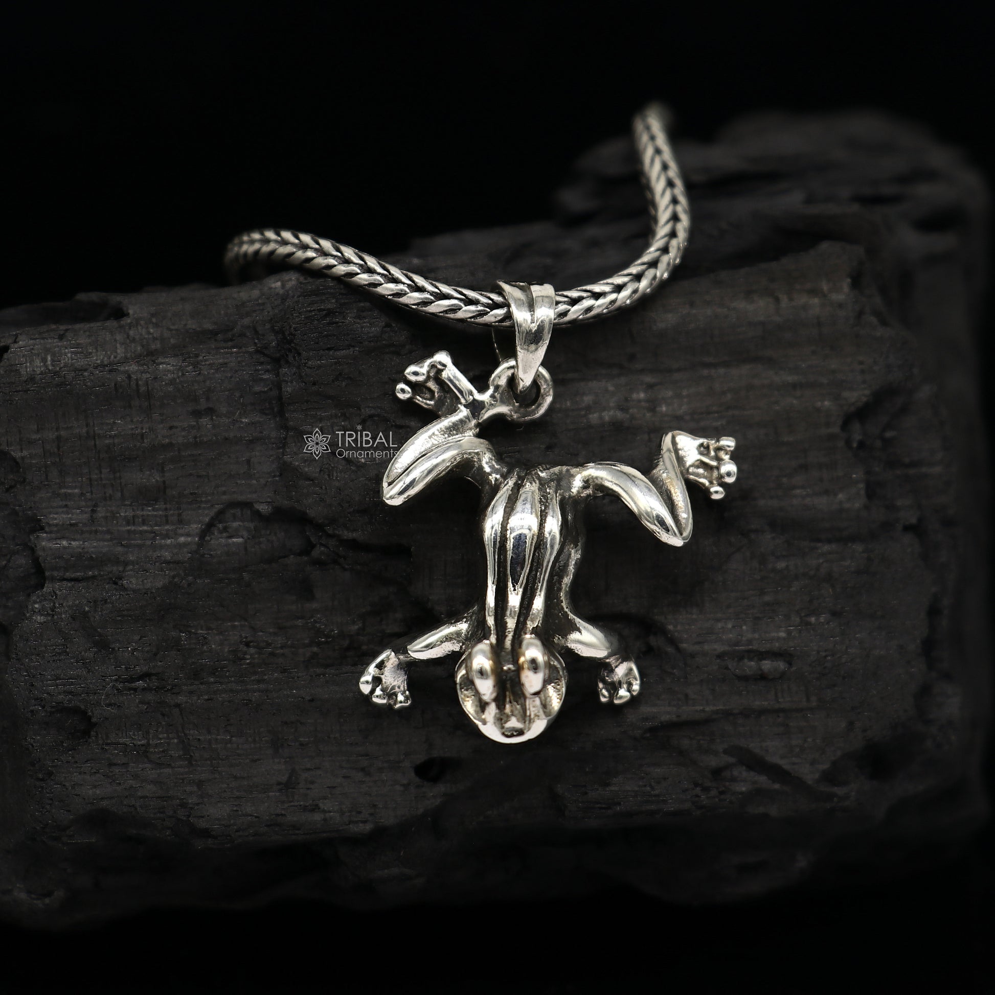 Sterling silver frog pendant on wheat chain necklace, unisex tribal jewelry, unique design, ideal for gifting by Tribal Ornaments.