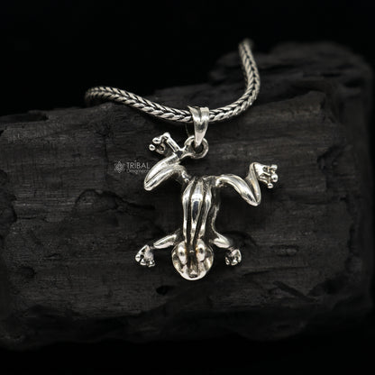 Sterling silver frog pendant on wheat chain necklace, unisex tribal jewelry, unique design, ideal for gifting by Tribal Ornaments.