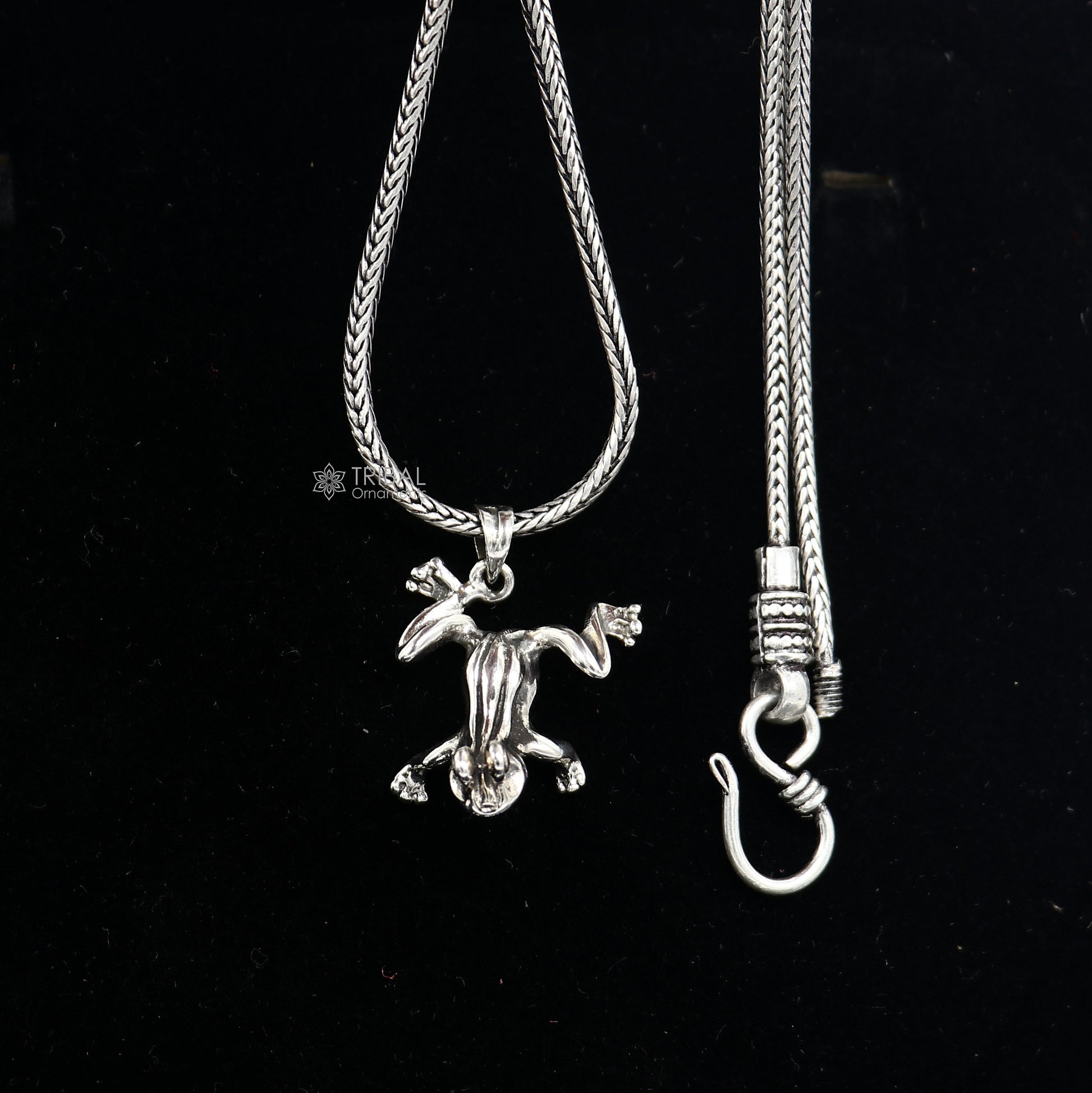 925 sterling silver frog pendant on wheat chain necklace, unisex tribal jewelry, unique design perfect for gifting.