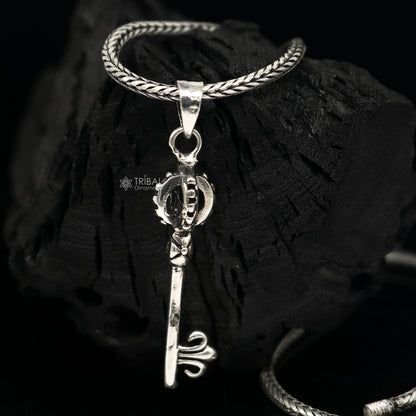 Sterling silver good luck key pendant on wheat chain necklace, tribal ornament design, ideal for gifting jewelry.