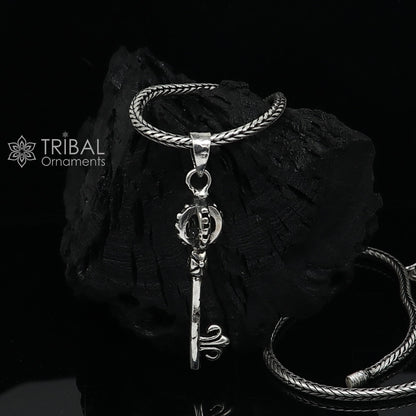 Sterling silver good luck key pendant on wheat chain necklace, tribal ornaments design, elegant jewelry for gifting